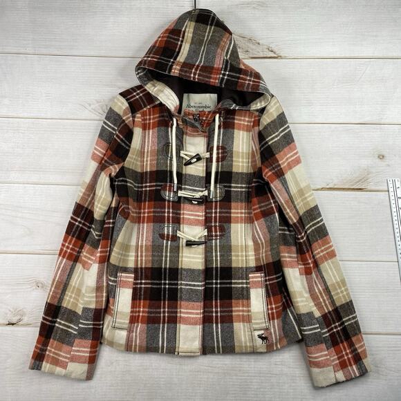 Abercrombie and Fitch Plaid Pea Coat Sz M Toggle Wool Blend Hooded Moose Logo - Picture 1 of 11